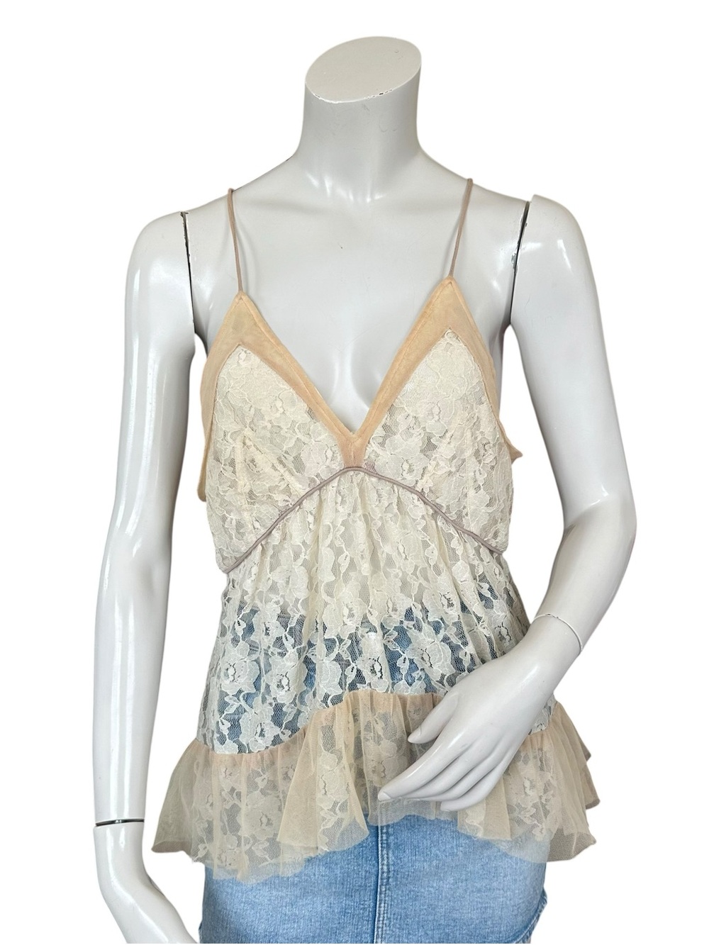 Chan Luu Tan & Cream Floral Sheet Lace Boho Romantic Sleeveless Blouse Size XS